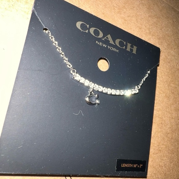 NWT Coach Silver Pave Bar Necklace Crystal Smile C Logo Charm 91431 Gift Bag - Picture 6 of 6